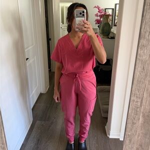 Mandala Women’s V-Neck Scrub Top & Drawstring Jogger Pants Set - Bubblegum